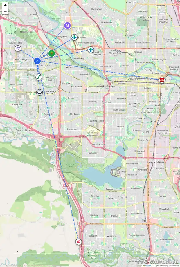 Daily accessibility map for 9 6841 COACH HILL RD SW, Calgary showing nearby schools, grocery stores, parks, LRT stations and nearby amenities