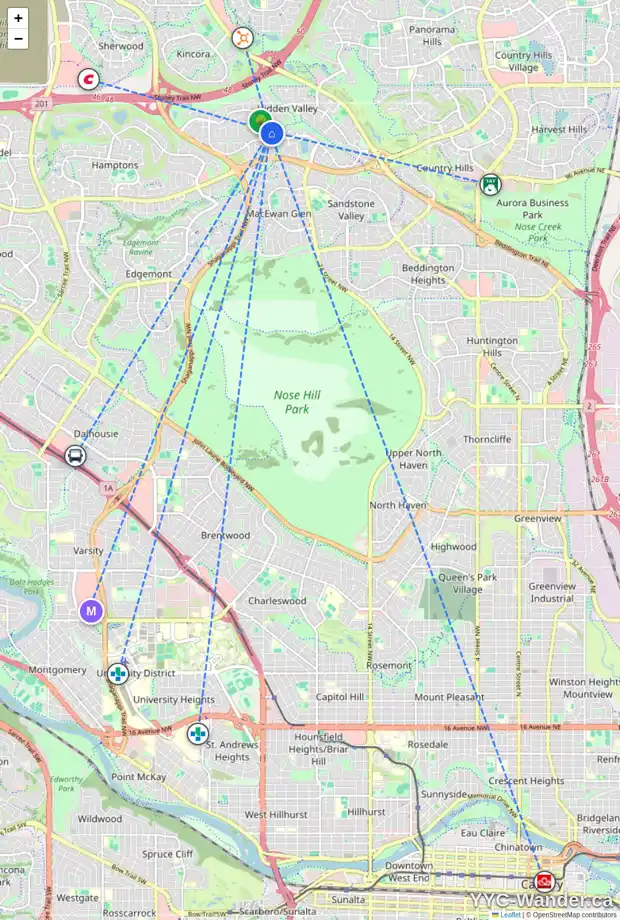 Daily accessibility map for 60 HIDDEN PA NW, Calgary showing nearby schools, grocery stores, parks, LRT stations and nearby amenities