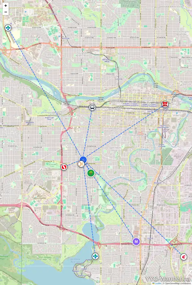 Daily accessibility map for 1917 31 AV SW, Calgary showing nearby schools, grocery stores, parks, LRT stations and nearby amenities
