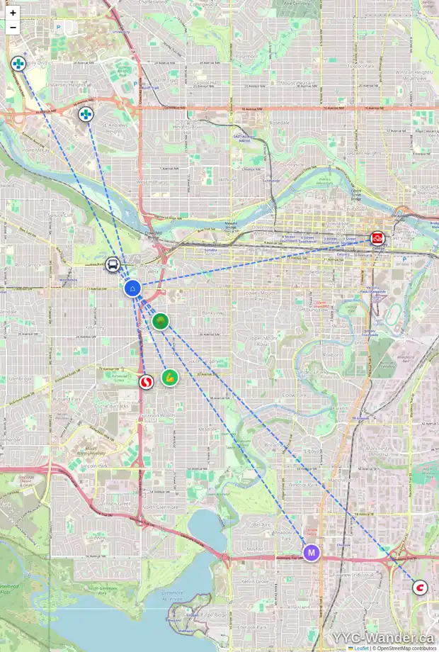 Daily accessibility map for 2544 17 AV SW, Calgary showing nearby schools, grocery stores, parks, LRT stations and nearby amenities