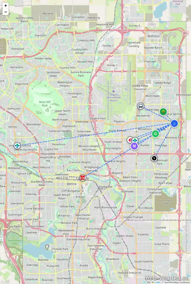Daily accessibility map for 55 SAN DIEGO MR NE, Calgary showing nearby schools, grocery stores, parks, LRT stations and nearby amenities