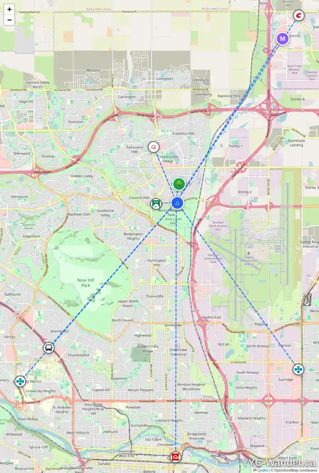 Daily accessibility map for 256 HARVEST ROSE CI NE, Calgary showing nearby schools, grocery stores, parks, LRT stations and nearby amenities
