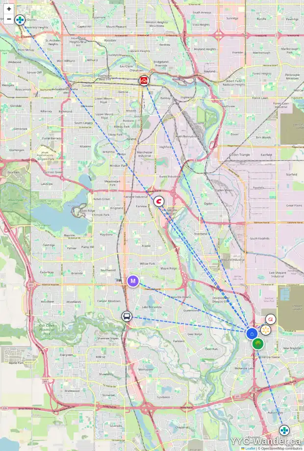 Daily accessibility map for 185 MT ABERDEEN CI SE, Calgary showing nearby schools, grocery stores, parks, LRT stations and nearby amenities