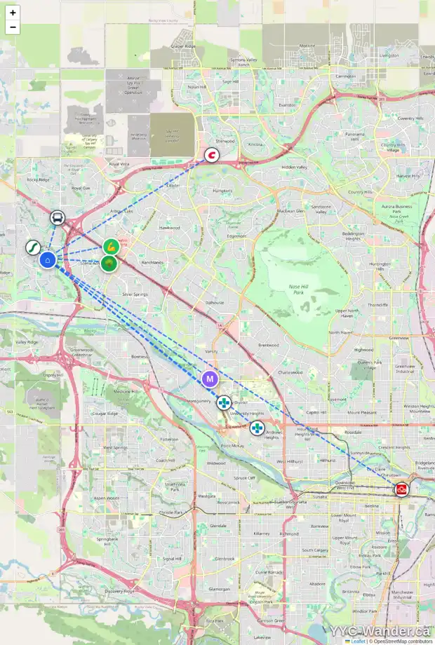 Daily accessibility map for 156 TUSCANY HILLS CI NW, Calgary showing nearby schools, grocery stores, parks, LRT stations and nearby amenities