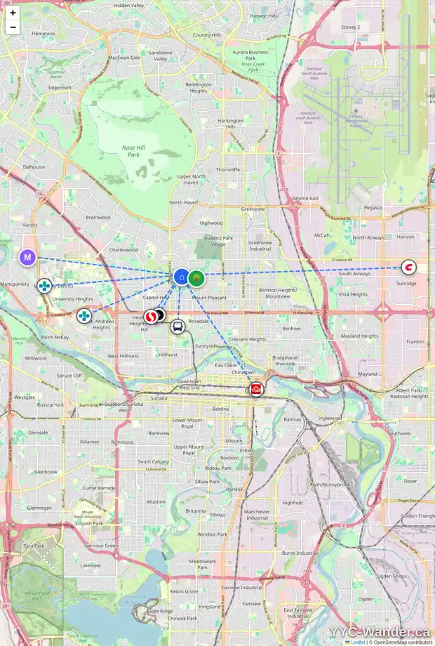Daily accessibility map for 1310 ROSEHILL DR NW, Calgary showing nearby schools, grocery stores, parks, LRT stations and nearby amenities