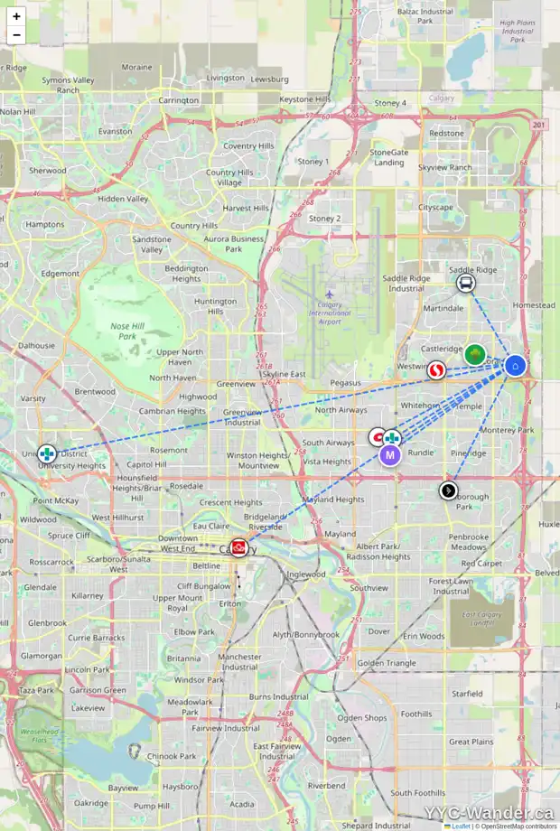 Daily accessibility map for 226 CORAL SPRINGS LD NE, Calgary showing nearby schools, grocery stores, parks, LRT stations and nearby amenities