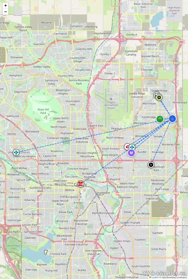 Daily accessibility map for 520 CORAL SPRINGS BV NE, Calgary showing nearby schools, grocery stores, parks, LRT stations and nearby amenities