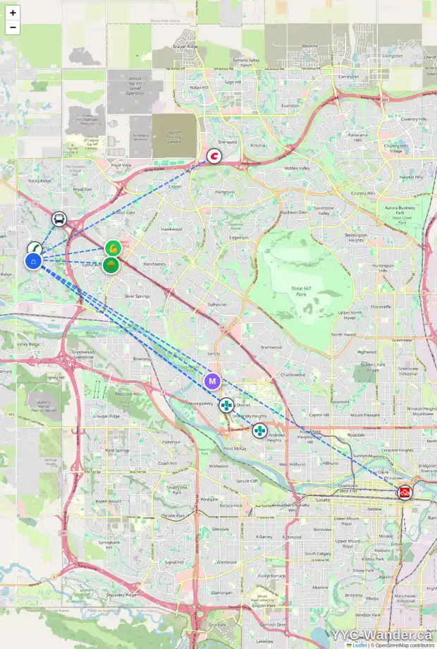 Daily accessibility map for 266 TUSCANY RIDGE PA NW, Calgary showing nearby schools, grocery stores, parks, LRT stations and nearby amenities