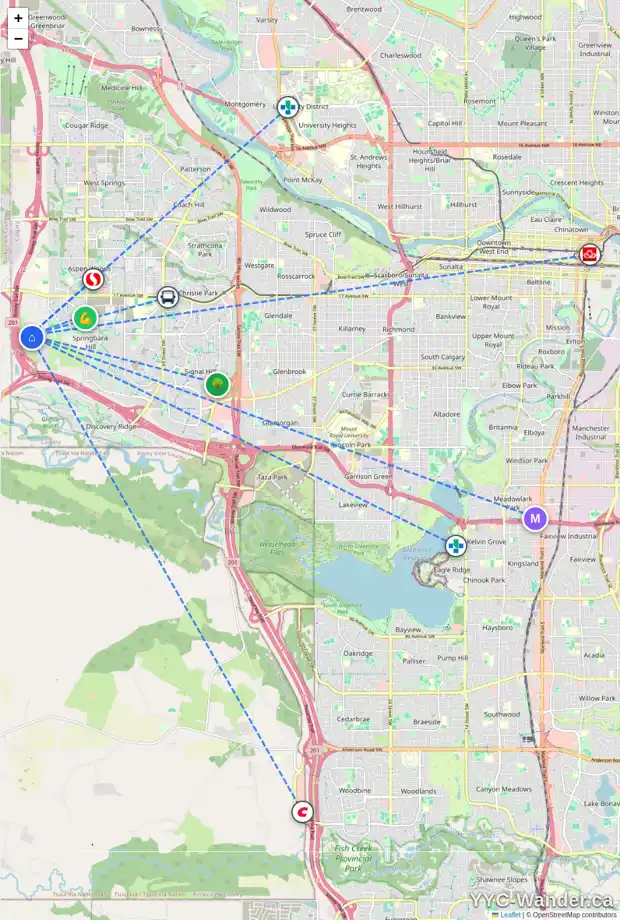 Daily accessibility map for 57 SLOPES RD SW, Calgary showing nearby schools, grocery stores, parks, LRT stations and nearby amenities
