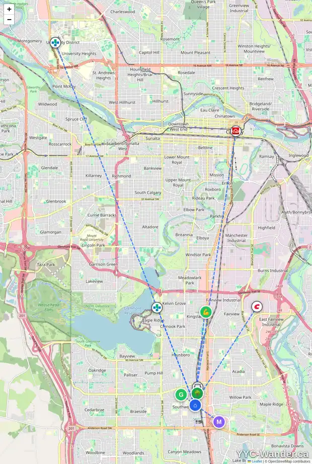 Daily accessibility map for 708 SIERRA CR SW, Calgary showing nearby schools, grocery stores, parks, LRT stations and nearby amenities
