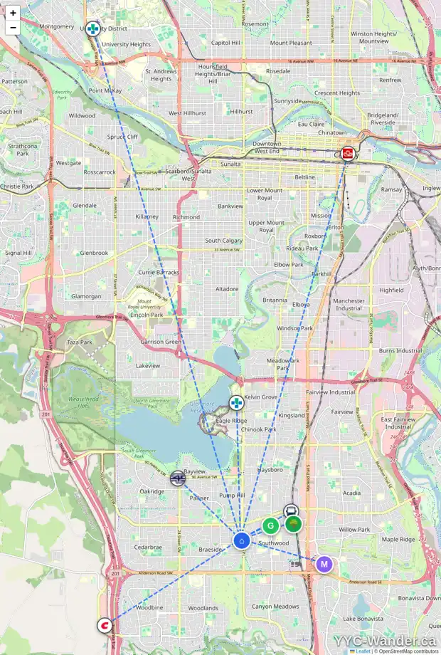 Daily accessibility map for 48 BRALORNE CR SW, Calgary showing nearby schools, grocery stores, parks, LRT stations and nearby amenities