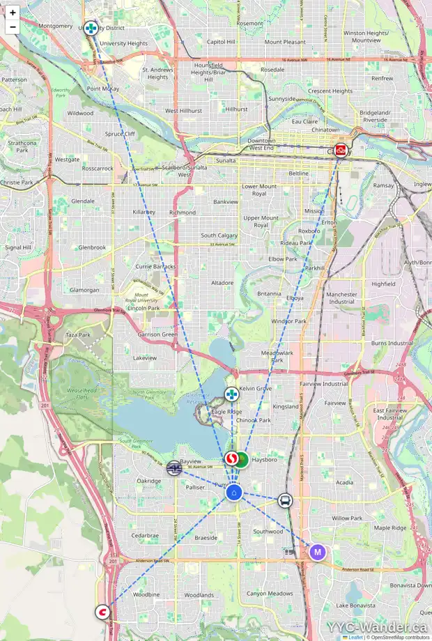 Daily accessibility map for 1523 96 AV SW, Calgary showing nearby schools, grocery stores, parks, LRT stations and nearby amenities