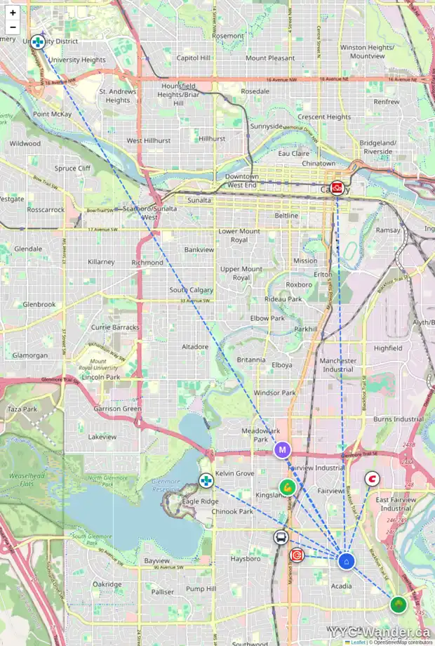 Daily accessibility map for 539 88 AV SE, Calgary showing nearby schools, grocery stores, parks, LRT stations and nearby amenities