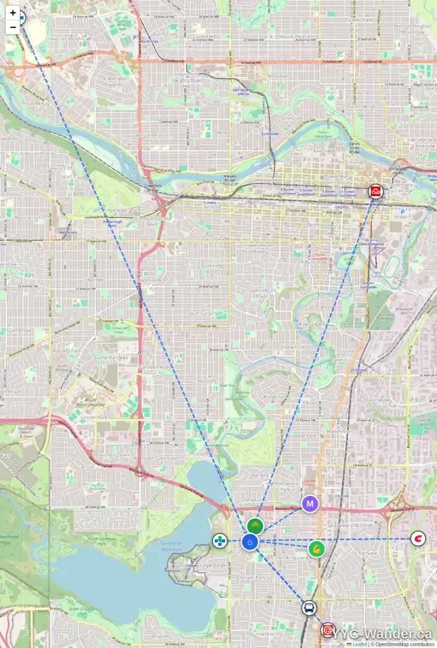 Daily accessibility map for 1216 KILLEARN AV SW, Calgary showing nearby schools, grocery stores, parks, LRT stations and nearby amenities