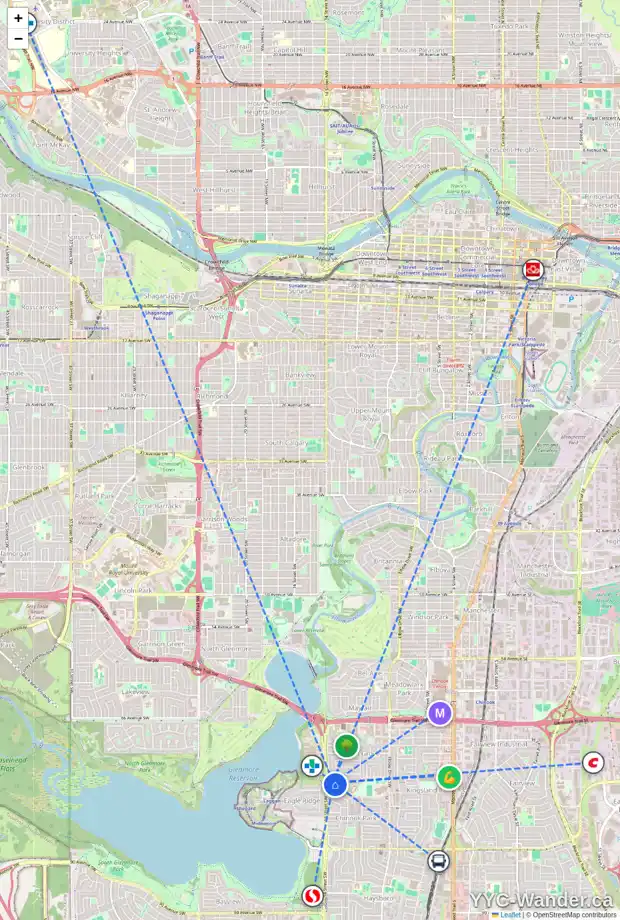 Daily accessibility map for 1416 75 AV SW, Calgary showing nearby schools, grocery stores, parks, LRT stations and nearby amenities