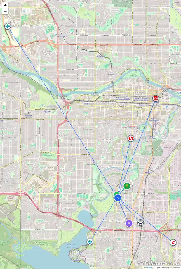 Daily accessibility map for 738 52 AV SW, Calgary showing nearby schools, grocery stores, parks, LRT stations and nearby amenities