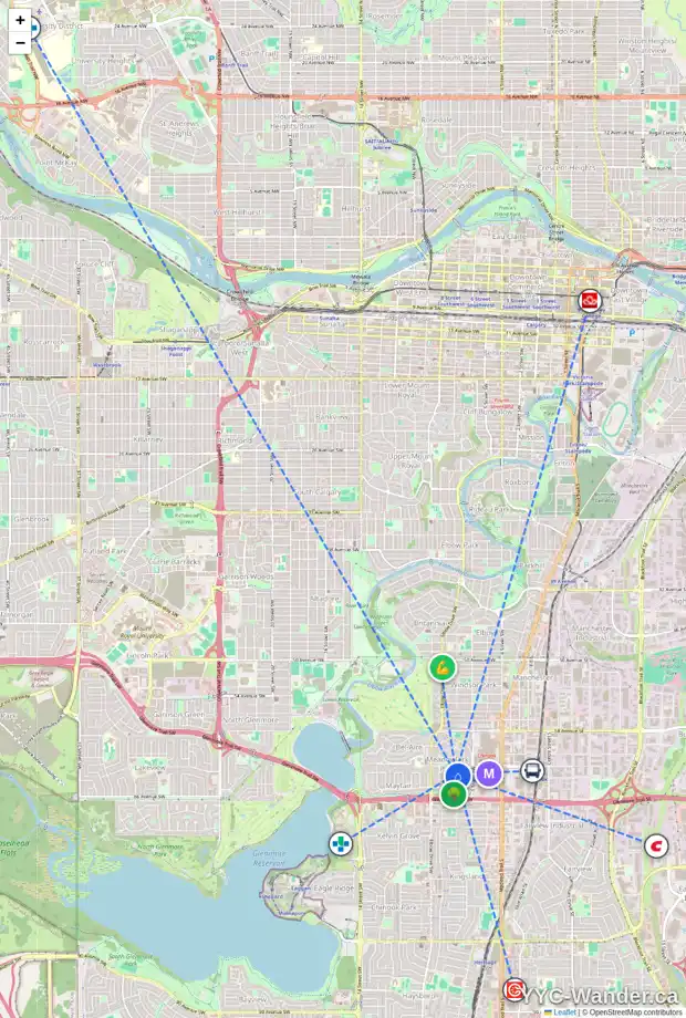 Daily accessibility map for 54 MAYFAIR RD SW, Calgary showing nearby schools, grocery stores, parks, LRT stations and nearby amenities