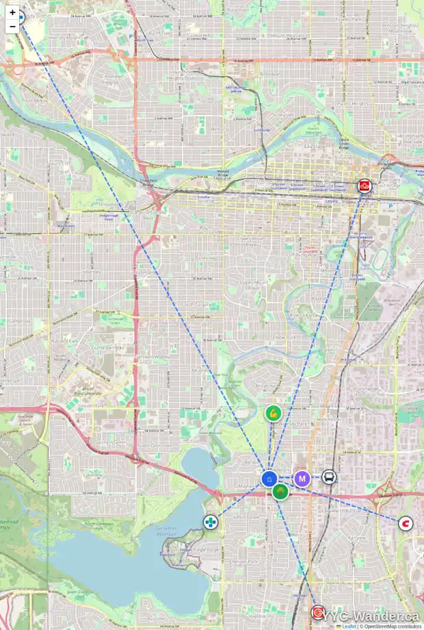 Daily accessibility map for 6312 ELBOW DR SW, Calgary showing nearby schools, grocery stores, parks, LRT stations and nearby amenities