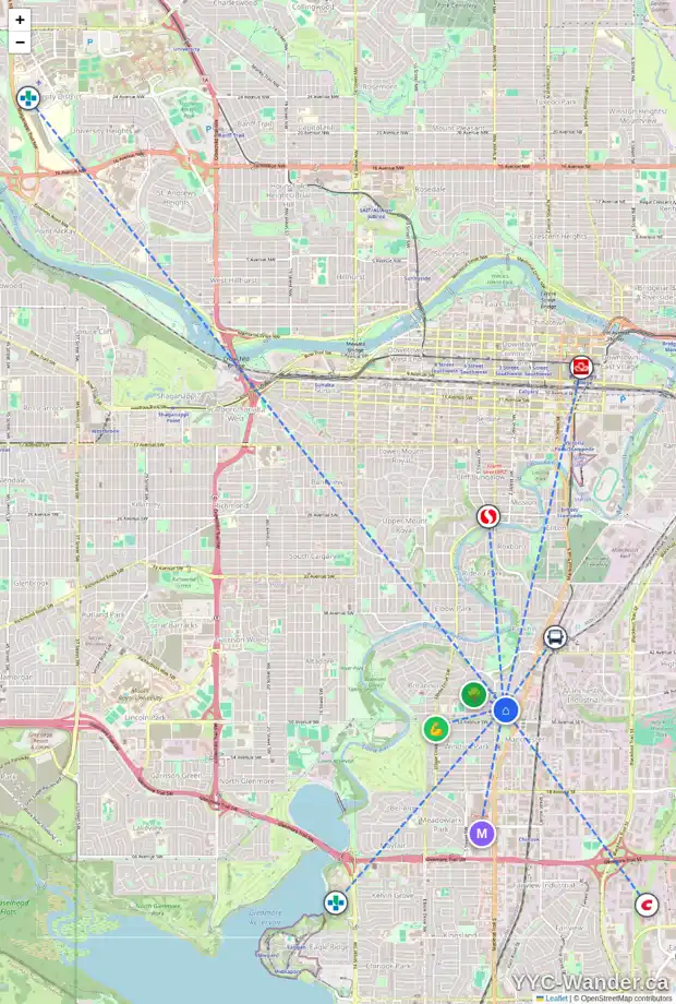 Daily accessibility map for 6 STANLEY CR SW, Calgary showing nearby schools, grocery stores, parks, LRT stations and nearby amenities