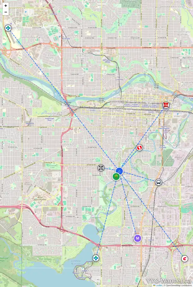 Daily accessibility map for 914 36 AV SW, Calgary showing nearby schools, grocery stores, parks, LRT stations and nearby amenities