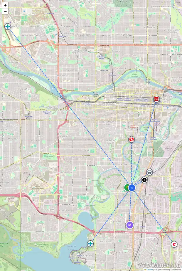 Daily accessibility map for 420 47 AV SW, Calgary showing nearby schools, grocery stores, parks, LRT stations and nearby amenities