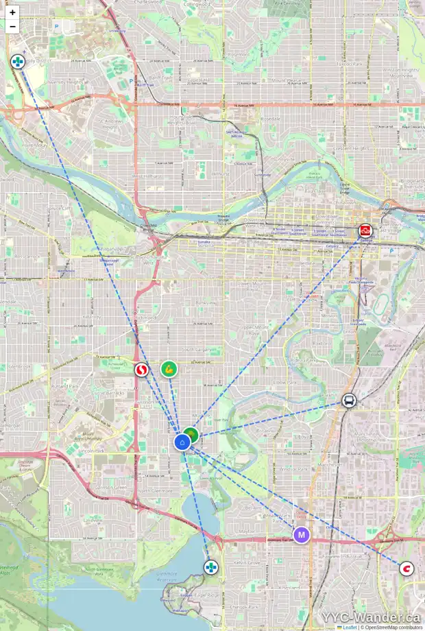 Daily accessibility map for 1948 48 AV SW, Calgary showing nearby schools, grocery stores, parks, LRT stations and nearby amenities