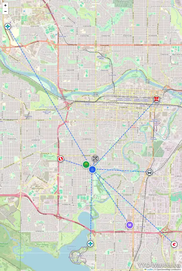 Daily accessibility map for 4008 15 ST SW, Calgary showing nearby schools, grocery stores, parks, LRT stations and nearby amenities