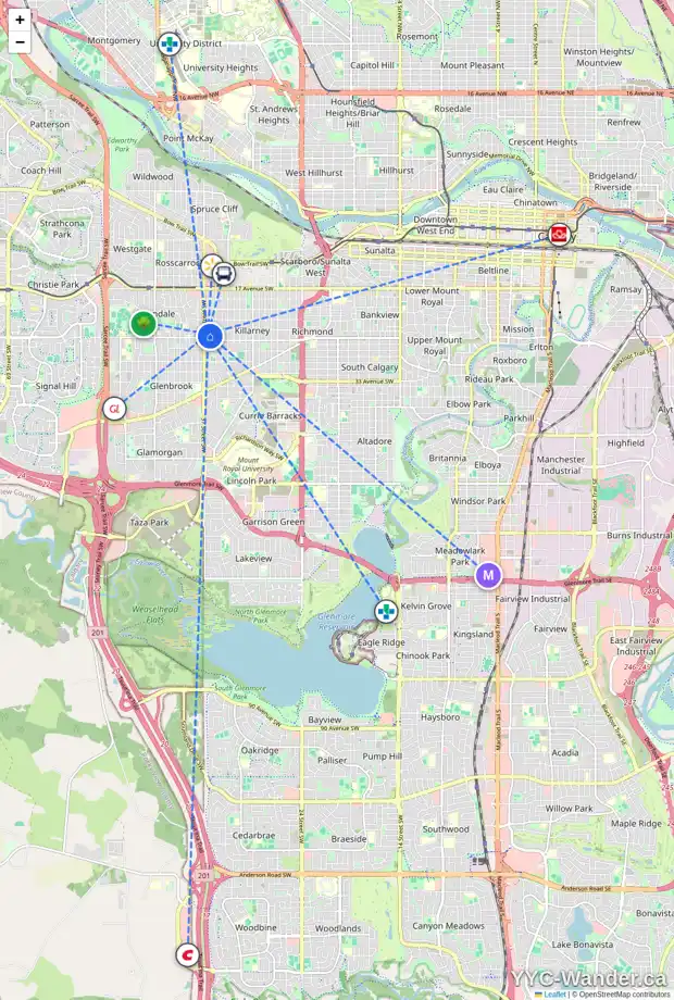 Daily accessibility map for 2615 36 ST SW, Calgary showing nearby schools, grocery stores, parks, LRT stations and nearby amenities