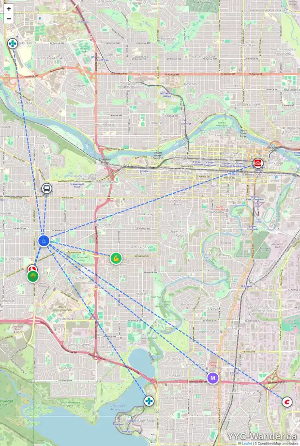 Daily accessibility map for 3020 35 ST SW, Calgary showing nearby schools, grocery stores, parks, LRT stations and nearby amenities