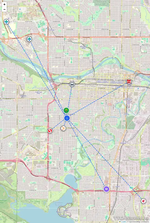 Daily accessibility map for 1836 28 AV SW, Calgary showing nearby schools, grocery stores, parks, LRT stations and nearby amenities
