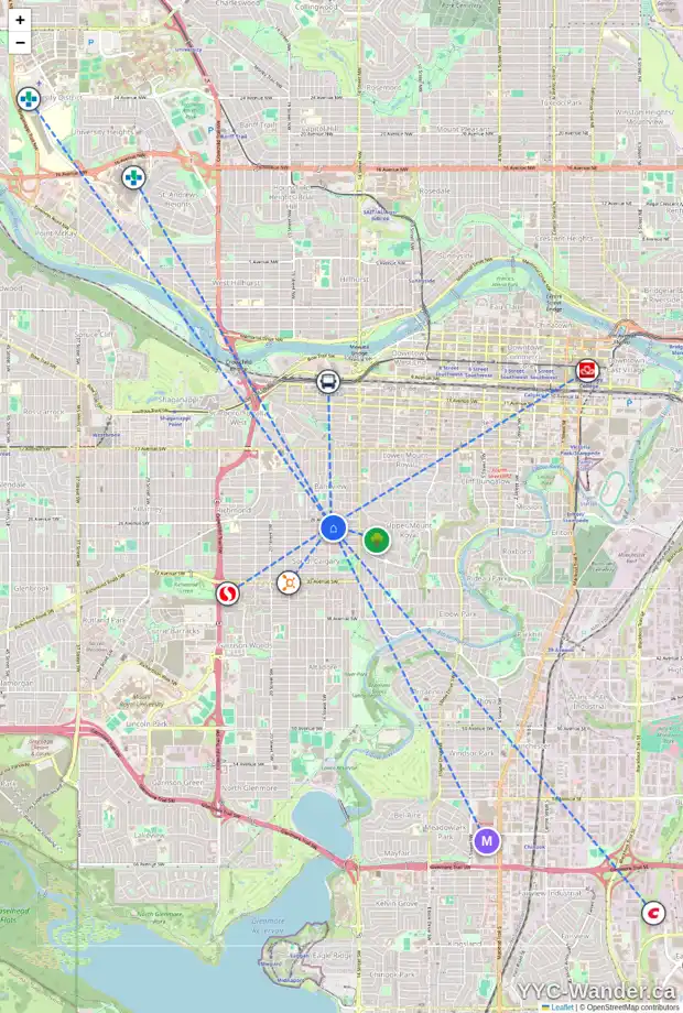 Daily accessibility map for 2736 16 ST SW, Calgary showing nearby schools, grocery stores, parks, LRT stations and nearby amenities