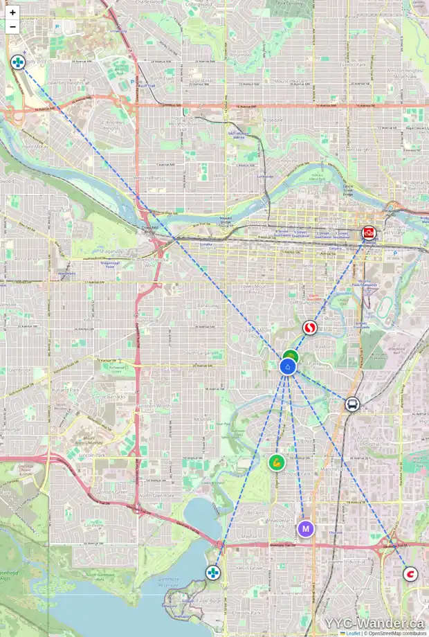Daily accessibility map for 3417 ELBOW DR SW, Calgary showing nearby schools, grocery stores, parks, LRT stations and nearby amenities