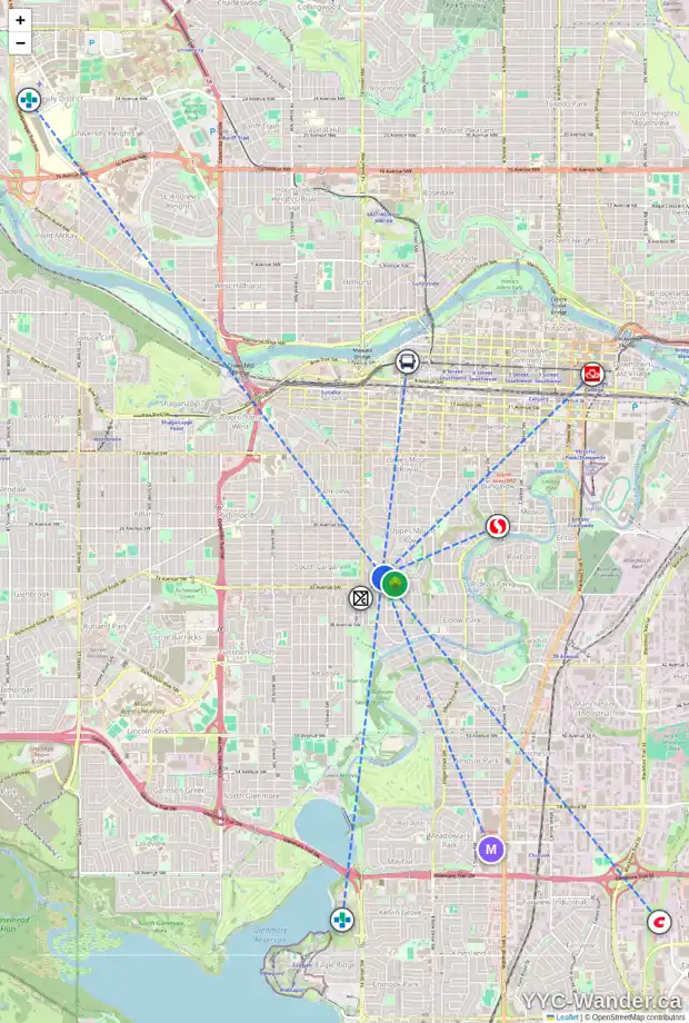 Daily accessibility map for 3124 VERCHERES ST SW, Calgary showing nearby schools, grocery stores, parks, LRT stations and nearby amenities