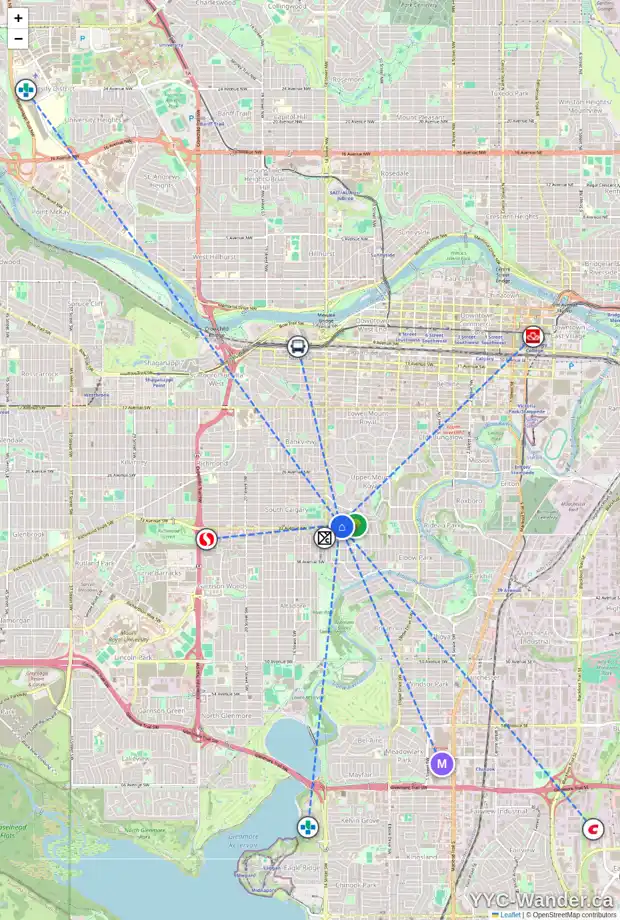 Daily accessibility map for 3225 VERCHERES ST SW, Calgary showing nearby schools, grocery stores, parks, LRT stations and nearby amenities