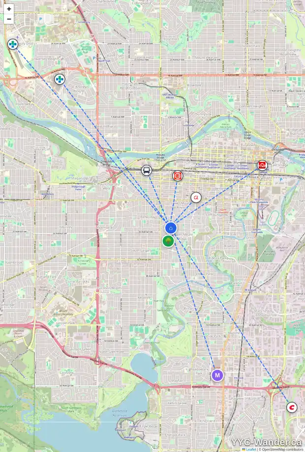 Daily accessibility map for 1308 MONTREAL AV SW, Calgary showing nearby schools, grocery stores, parks, LRT stations and nearby amenities