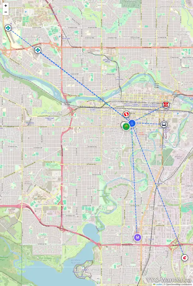 Daily accessibility map for 304 706 15 AV SW, Calgary showing nearby schools, grocery stores, parks, LRT stations and nearby amenities