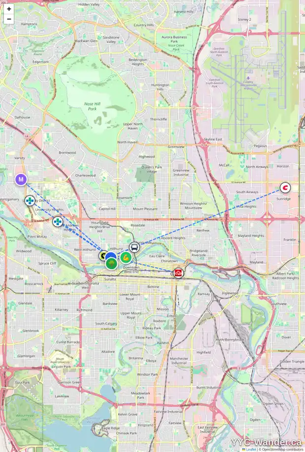 Daily accessibility map for 1724 WESTMOUNT RD NW, Calgary showing nearby schools, grocery stores, parks, LRT stations and nearby amenities