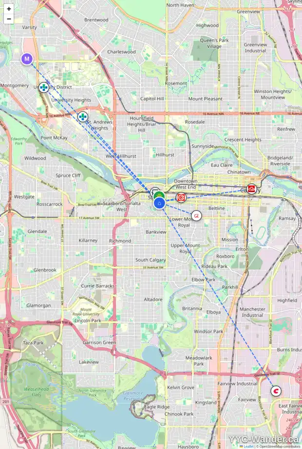 Daily accessibility map for 1625 12 AV SW, Calgary showing nearby schools, grocery stores, parks, LRT stations and nearby amenities