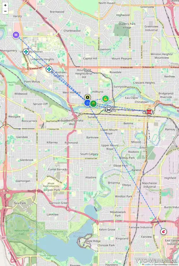 Daily accessibility map for 1908 BROADVIEW RD NW, Calgary showing nearby schools, grocery stores, parks, LRT stations and nearby amenities