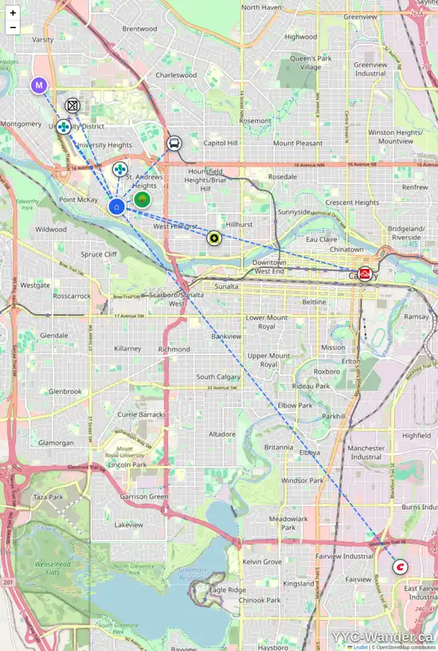 Daily accessibility map for 715 33 ST NW, Calgary showing nearby schools, grocery stores, parks, LRT stations and nearby amenities