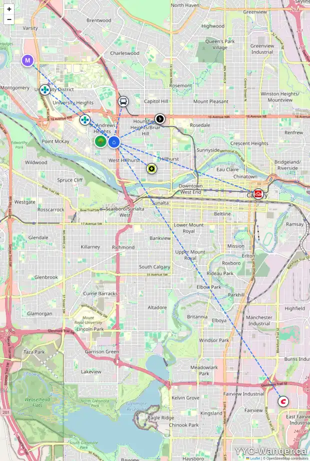 Daily accessibility map for 2536 TORONTO CR NW, Calgary showing nearby schools, grocery stores, parks, LRT stations and nearby amenities