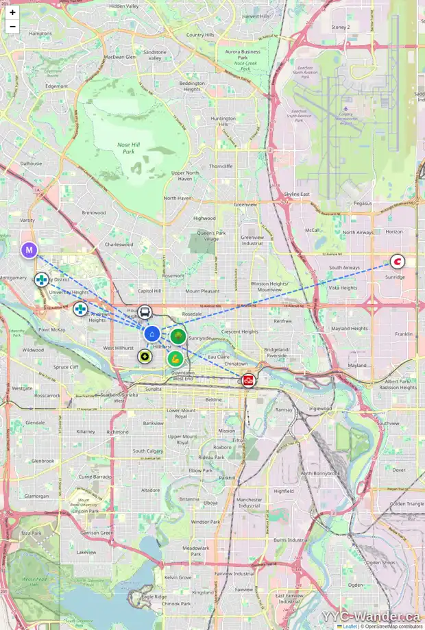 Daily accessibility map for 1749 8 AV NW, Calgary showing nearby schools, grocery stores, parks, LRT stations and nearby amenities