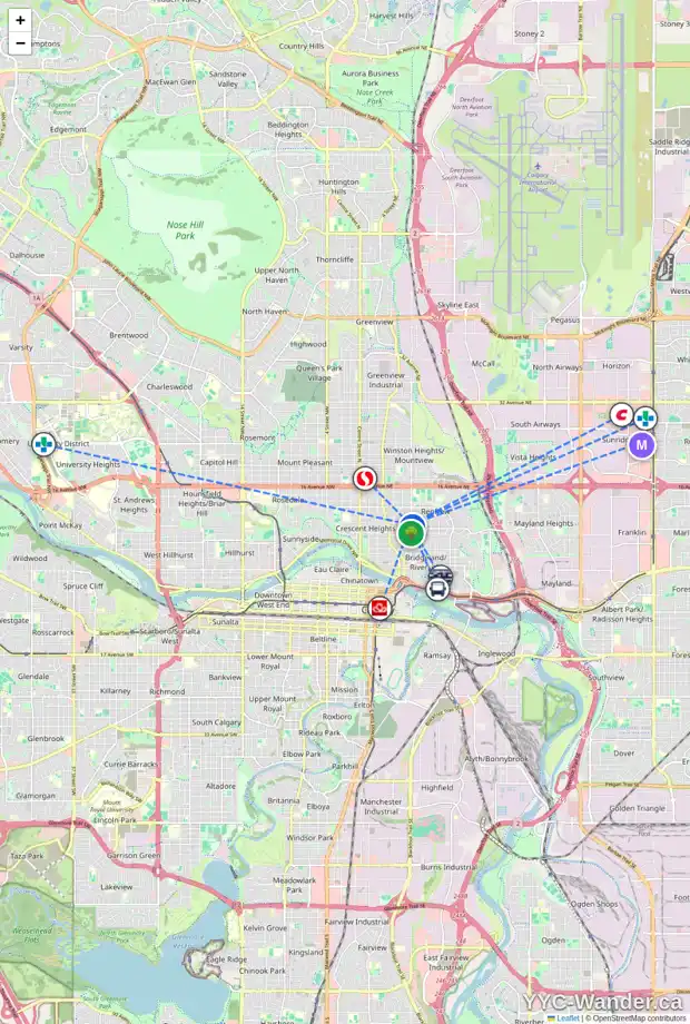 Daily accessibility map for 639 9 AV NE, Calgary showing nearby schools, grocery stores, parks, LRT stations and nearby amenities