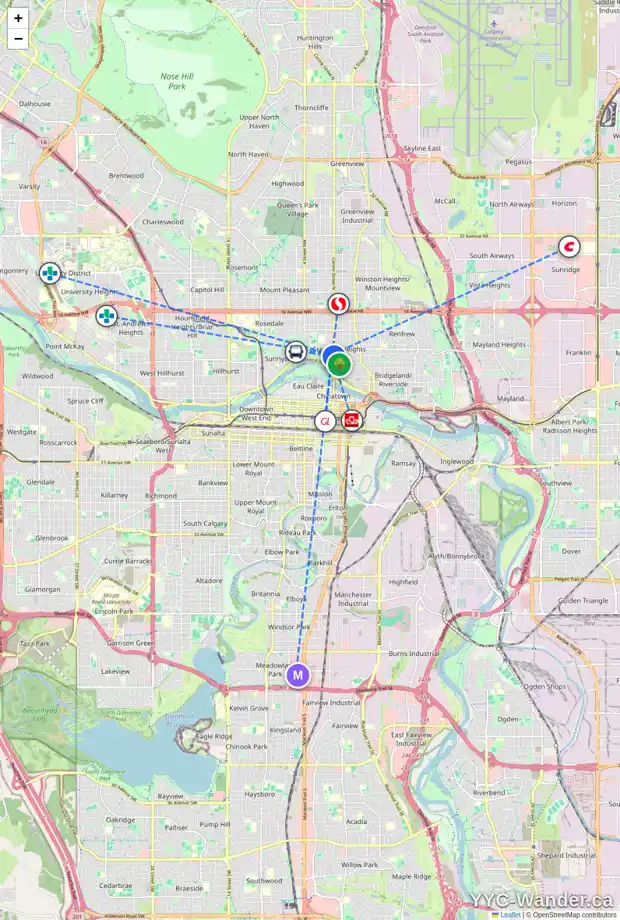 Daily accessibility map for 716 CENTRE A ST NW, Calgary showing nearby schools, grocery stores, parks, LRT stations and nearby amenities