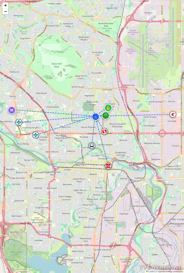 Daily accessibility map for 462 28 AV NW, Calgary showing nearby schools, grocery stores, parks, LRT stations and nearby amenities