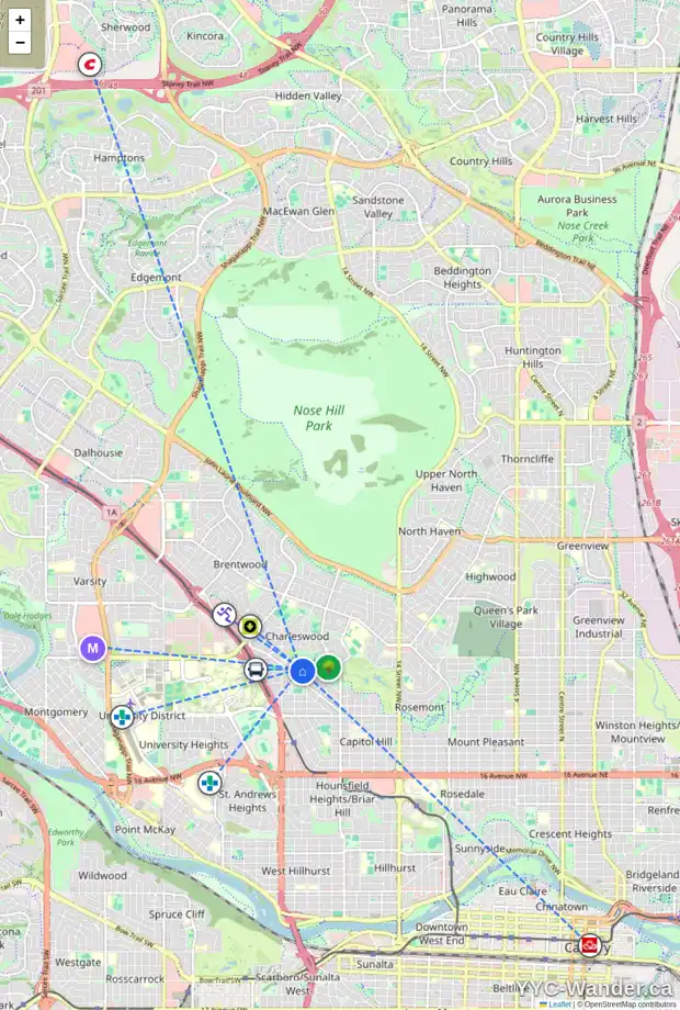 Daily accessibility map for 3020 COCHRANE RD NW, Calgary showing nearby schools, grocery stores, parks, LRT stations and nearby amenities