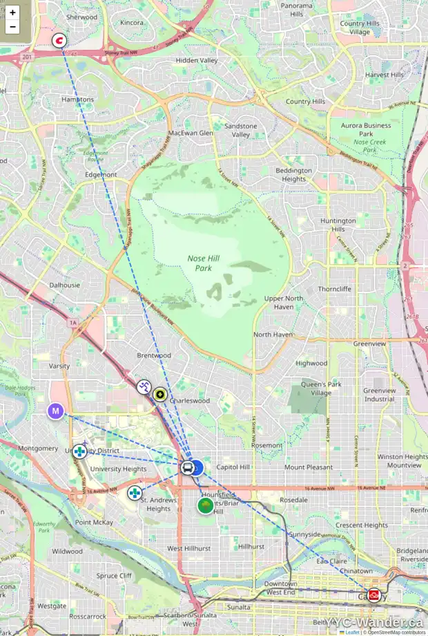 Daily accessibility map for 2344 23 ST NW, Calgary showing nearby schools, grocery stores, parks, LRT stations and nearby amenities