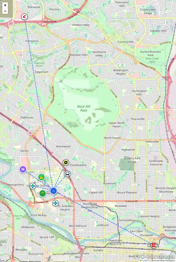 Daily accessibility map for 3139 UNDERHILL DR NW, Calgary showing nearby schools, grocery stores, parks, LRT stations and nearby amenities