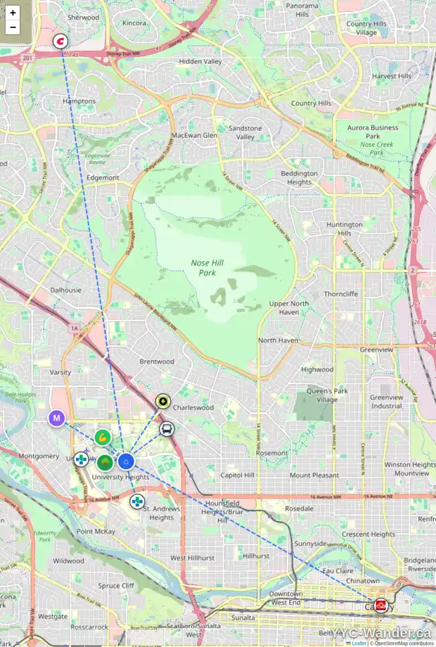 Daily accessibility map for 3355 UPTON PL NW, Calgary showing nearby schools, grocery stores, parks, LRT stations and nearby amenities