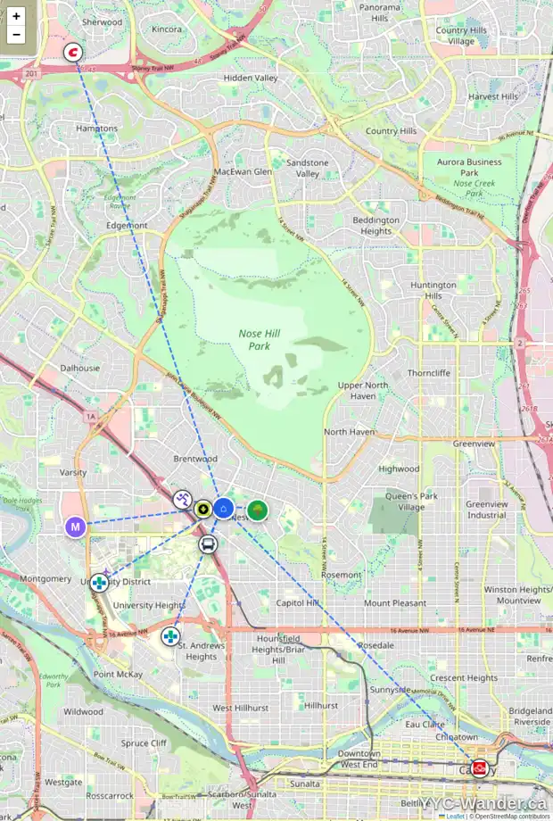 Daily accessibility map for 2532 CHICOUTIMI DR NW, Calgary showing nearby schools, grocery stores, parks, LRT stations and nearby amenities